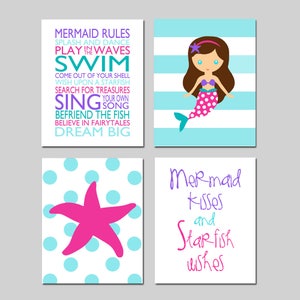 Mermaid Kisses and Starfish Wishes, Mermaid Art, Mermaid Decor Mermaid Wall Art, Mermaid Rules Sign, Mermaid Quote Set of 4 PRINTS OR CANVAS