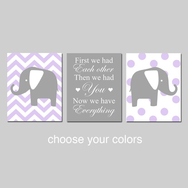Chevron Elephant Nursery Art Mint, First We Had Each Other Then We Had You Now We Have Everything Quote, Set of 3 Elephant PRINTS OR CANVAS faint lilac / gray