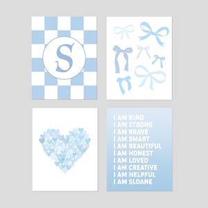 Preppy Room Decor for Girls, Teen Girl Wall Art Blue, Coquette Room Decor Wall Art, Teenage Girl Art, Set of 4 Blue Bow PRINTS OR CANVAS
