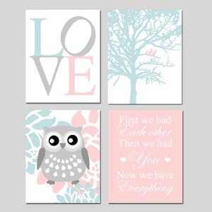 Baby Girl Nursery Art Quad Love, Birds in a Tree, Floral Owl, First We Had Each Other Quote Set of Four Owl Nursery Prints or Canvas Art blue tree/pink quote