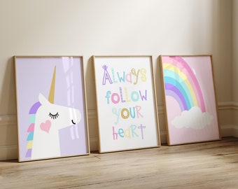 Unicorn Rainbow Decor, Unicorn Art for Girl Room Decor, Rainbow Unicorn Decor, Rainbow Print, Set of 3 Unicorn Canvas Art or Unicorn Prints