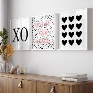 Teenage Girl Wall Decor Black and White, Teen Girl Room Decor Pink, XO Print, Tween Girl Wall Art, Set of 3 Black Heart Art PRINTS or CANVAS