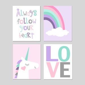 Unicorn Gift for Little Girls, Unicorn Bedroom Decor for Girl, Unicorn Room Decor for Girls, Set of 4 Unicorn Prints or Unicorn Canvas Art