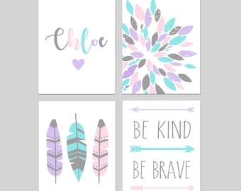 Tween Girl Wandkunst Pastell, Teen Girls Schlafzimmer Dekor, personalisierte Name Art, Set von 4 Drucke oder Leinwand