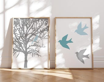 Birds and Trees Set of Two Bird Prints or Canvas, Bird Wall Art, Bird in a Tree, Gray and Blue Wall Art