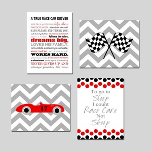Arte de guardería de autos de carrera, decoración de guardería de carreras, arte de guardería de carreras, arte de guardería de autos de carrera, arte de guardería de autos, juego de 4 impresiones de carreras o lienzo de carreras