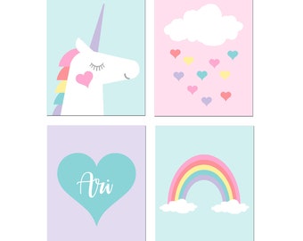 Unicorn Wall Decor, Unicorn Room Decor, Unicorn Rainbow Prints, Unicorn Bathroom Decor for Young Girls - Set of 4 Unicorn PRINTS OR CANVAS