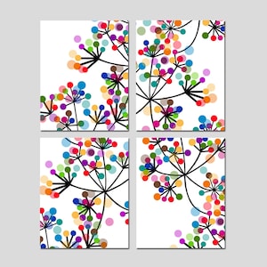 May include: Four square prints with a white background and colorful abstract floral designs. Each print features a cluster of colorful circles connected by thin black lines, resembling a flower.