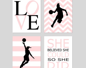 Girls Basketball Wall Art, Girls Basketball Decor, Teen Girl Wall Art, Girls Sports Decor, Set of 4 Prints or Canvas