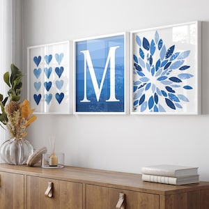Blue Bedroom Decor for Teens Girl, Floral Teen Girl Wall Art Blue, Aesthetic Room Decor for Teens, Set of 3 Blue Flower PRINTS OR CANVAS