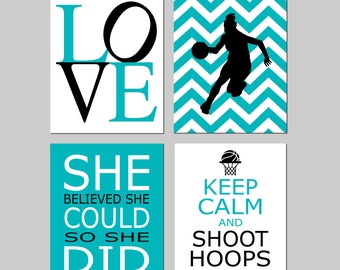 Basketball Decor for Girls Basketball Decor Girl Bedroom Art, Basketball Wall Art, Set of 4 Basketball Prints for Girls - CANVAS OR PRINTS