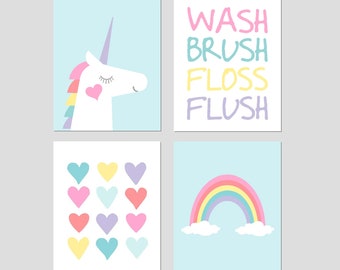 Unicorn Bathroom Decor, Rainbow Bathroom Art, Young Girls Bathroom Wall Art Heart, Wash Brush Floss Flush, Set of 4 Unicorn PRINTS OR CANVAS