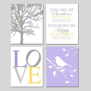 Lavender Nursery Wall Art - Purple Yellow Gray Nursery Decor - You Are My Sunshine, LOVE, Birds in a Tree, Bird on a Branch Set of 4 Prints