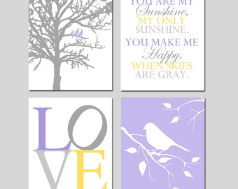 Lavender Nursery Wall Art - Purple Yellow Gray Nursery Decor - You Are My Sunshine, LOVE, Birds in a Tree, Bird on a Branch Set of 4 Prints