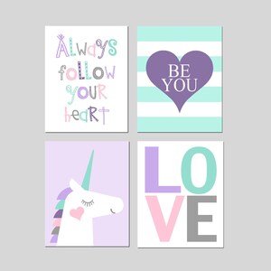 Unicorn Decor for Girls Bedroom, Young Girl Room Decor, Set of 4 Unicorn Prints or Canvas, Positive Quotes for Girls Room, Unicorn Wall Art