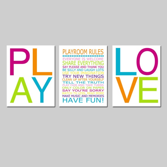 Playroom Rules Set Decor Wall Art Artwork Play Love Of 3 Prints Choose Your Colors