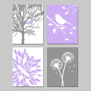 Baby Girl Nursery Art Quad - Bird in a Tree, Bird on a Branch, Dandelions, Abstract Floral Set of Four Prints or Canvas - CHOOSE YOUR COLORS