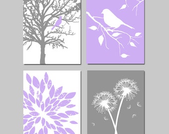 Baby Girl Nursery Art Quad - Bird in a Tree, Bird on a Branch, Dandelions, Abstract Floral Set of Four Prints or Canvas - CHOOSE YOUR COLORS