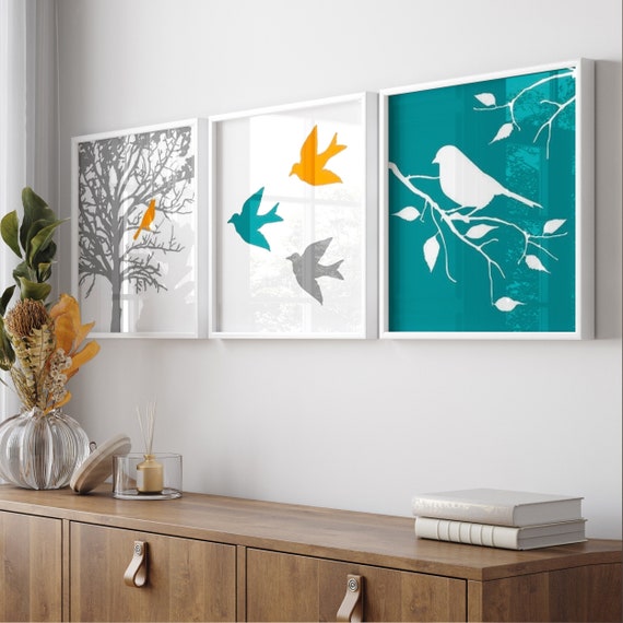 Modern Bird Art, Bird Wall Art, Set of Three Nature Prints or Canvas, Bird Nursery Wall Art, Bird in Tree Print