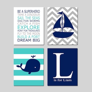 Nautisches Kinderzimmer Dekor, Nautisches Kinderzimmer Art Boy, Nautische Drucke für Kinderzimmer, Nautisches Zitat, Wal-Kinderzimmer-Kunst-Set mit 4 DRUCKEN ODER LEINWAND