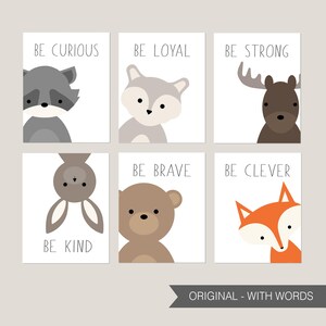 May include: Six printable cards with illustrations of animals and words encouraging positive traits. The animals include a raccoon, fox, moose, bunny, bear, and fox. The words are "Be Curious", "Be Loyal", "Be Strong", "Be Kind", "Be Brave", and "Be Clever".