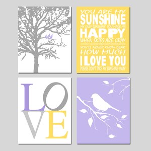 Lavendel paars geel grijs kinderkamerkunst - You Are My Sunshine, Love, Birds in a Tree, Bird on a Branch Set van 4 kinderkamerkunst CANVAS OF PRINTS