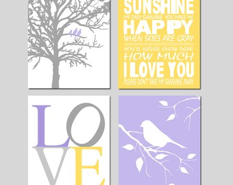 Lavender Purple Yellow Gray Nursery Art - You Are My Sunshine, Love, Birds in a Tree, Bird on a Branch Set of 4 Nursery Art CANVAS OR PRINTS