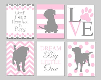 Girl Puppy Nursery Art Set of 6 Puppy Prints for Dog Nursery Decor Girl Puppy Nursery Decor Puppy Nursery Quote - PRINTS or Puppy CANVAS ART