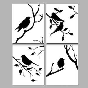 Bird Decor, Bird Wall Art, Bird Art, Set of 4 Bird Prints or Bird Canvas Art Birds Nature Decor, Nature Wall Art Black and White Bird Art