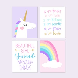 Girl Room Decor Unicorn Room Decor for Girls, Unicorn Rainbow Prints, Unicorn Wall Art, Quotes for Girls, Set of 4 Unicorn Prints or Canvas Main Image Colors #1