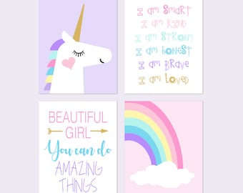 Mädchenzimmer Dekor, Einhorn Mädchenzimmer Dekor, Einhorn Regenbogen Drucke, Einhorn Wandkunst, Zitate für Mädchen, 4er Set Einhorn Drucke oder Leinwand
