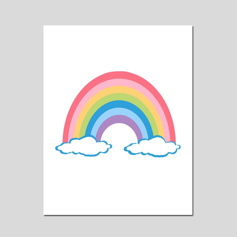 May include: A colourful rainbow with pink, orange, yellow, green, blue, and purple stripes. The rainbow is arched over two white clouds.