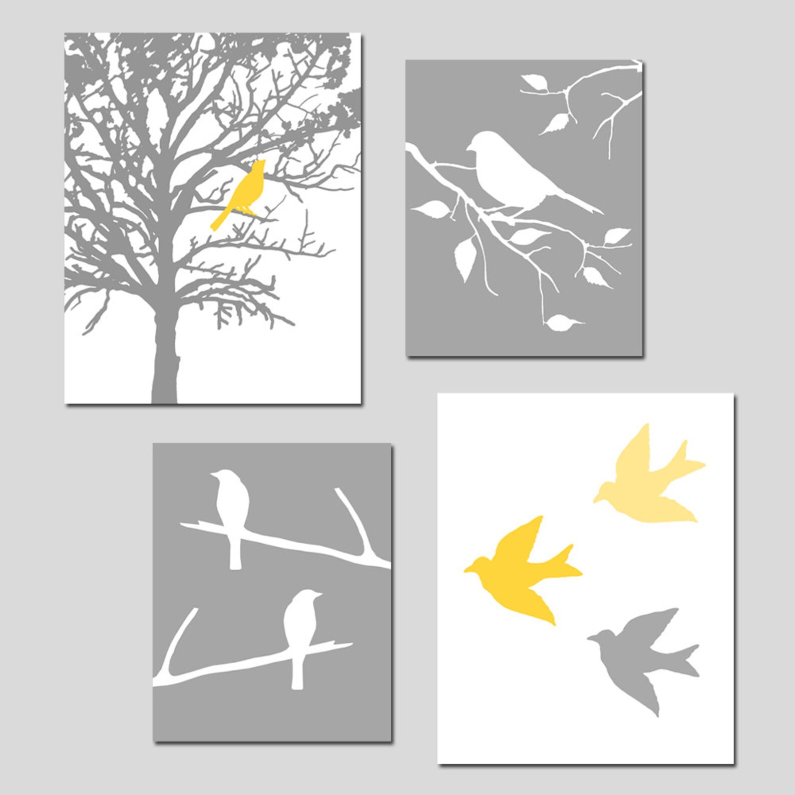 Bird Wall Art Yellow Grey Bird Art Set of 4 Bird Prints | Etsy