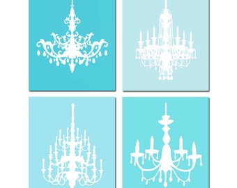 Chandelier Wall Art, Chandelier Print Set of 4 Chandelier Wall Decor, Teal Blue Chandelier Art - AS SEEN On NETFLIX - Prints or Canvas