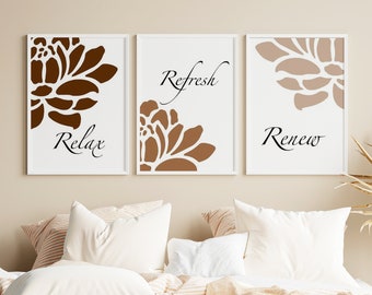 Floral Bathroom Art - Relax Refresh Renew Bathroom Decor - Set of Three Bathroom Prints or Bathroom Canvas Art - Adult Bathroom Art Brown