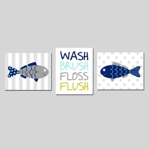 Fish Bathroom Decor Fish Bathroom Art Fish Wall Art Kids Bathroom Decor Kids Bathroom Art Wash Brush Floss Flush Bathroom Sign Set of 3 image 2