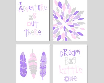 Girls Bedroom Wall Decor, Girl Bedroom Decor Pink Purple Room Decor, Dream Big Little One, Adventure Is Out There, Set of 4 PRINTS OR CANVAS