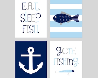 Fishing Nursery Decor, Fish Nursery Art, Toddler Boys Bedroom Decor, Gone Fishing, Eat Sleep Fish Quote, Set of 4 Prints or Canvas