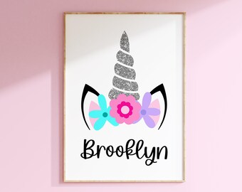 Unicorn Wall Art for Girls Room Decor, Toddler Girls Bedroom Decor, Personalized Gift, Floral Unicorn Horn Print or Canvas