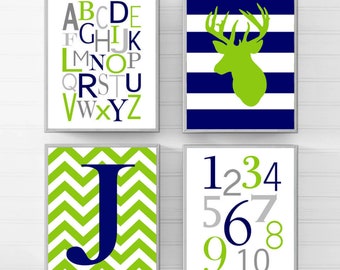 Navy Blue Lime Green Nursery Art Deer Prints for Nursery Decor Deer Room Decor for Boys Bedroom Art - Set of 4 Deer Prints or Deer Canvas