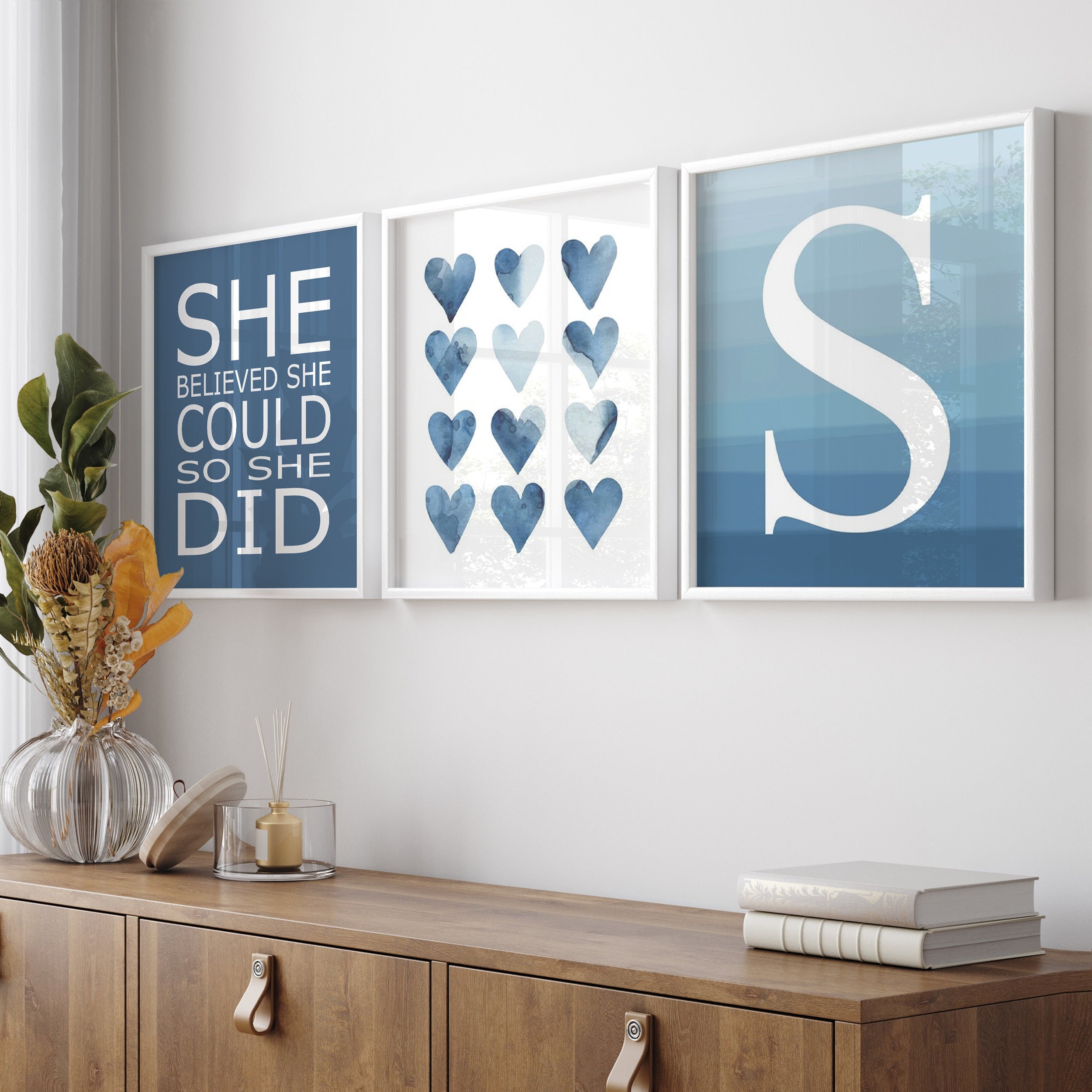 Girl Room Decor Blue, Teenage Girl Wall Decor, Quotes for Girls, Tween Girl Bedroom Art, Watercolor Heart Art, Set of 3 PRINTS OR CANVAS