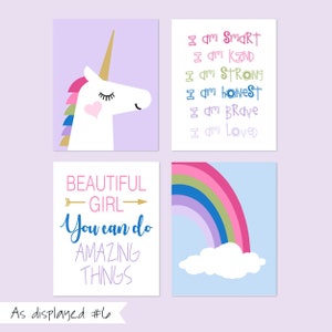 Girl Room Decor Unicorn Room Decor for Girls, Unicorn Rainbow Prints, Unicorn Wall Art, Quotes for Girls, Set of 4 Unicorn Prints or Canvas As displayed #6