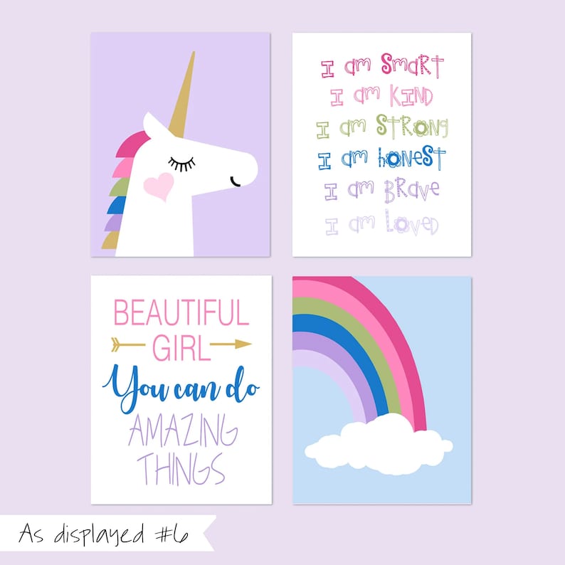 Girl Room Decor Unicorn Room Decor for Girls, Unicorn Rainbow Prints, Unicorn Wall Art, Quotes for Girls, Set of 4 Unicorn Prints or Canvas As displayed #6