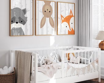 Decorazioni per cameretta dei bambini a tema bosco, arte per cameretta dei bambini con animali, decorazioni murali con animali della foresta, set di 3 stampe o tele