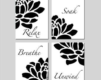 Bathroom Art Black and White, Adult Bathroom Decor, Relax Soak Unwind, Floral Bathroom Wall Art Set of 4 PRINTS OR CANVAS