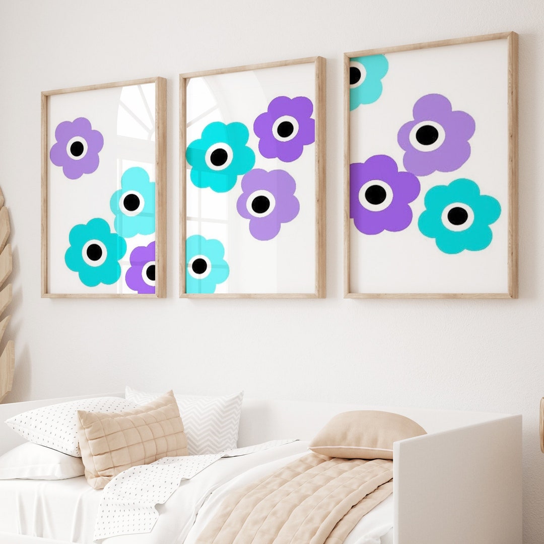Purple Teal Flower Wall Art Set: 3 Whimsical Prints or Canvas for Girl ...