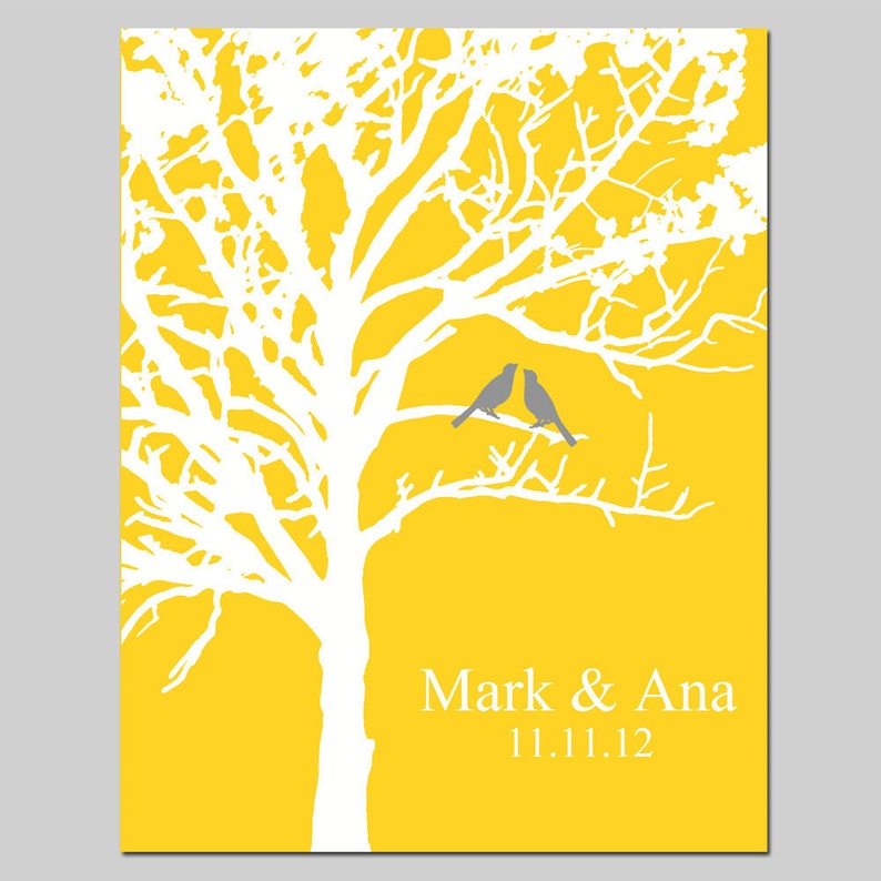 Lovebird Wedding Tree 8x10 Customizable Print Choose Your Colors Shown in Gray, Yellow, Blue, Pink GREAT WEDDING GIFT As displayed #2