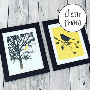 Birds and Trees Set of Two 8x10 Bird Prints Bird in a Tree Print Bird Wall Art CHOOSE YOUR COLORS Shown in Yellow, Black, White image 2