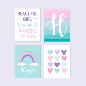 Girls Room Decor, Girls Bedroom Decor, Girls Room Wall Decor, Kid Room Decor Girl, Heart Pictures, Rainbow Art, Set of 4 PRINTS OR CANVAS