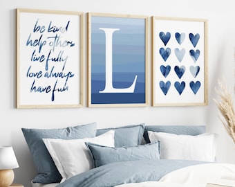 Blaue Wandkunst für Teenager-Mädchen, personalisierte Tween-Mädchen-Wanddekoration, Zitate für Mädchenzimmer, 3er-Set Blaues Herz-PRINTS ODER LEINWAND